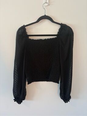 Laundry by Shelli Segal Black Swiss Dot Smocked Off-the-Shoulder Blouse | Size M